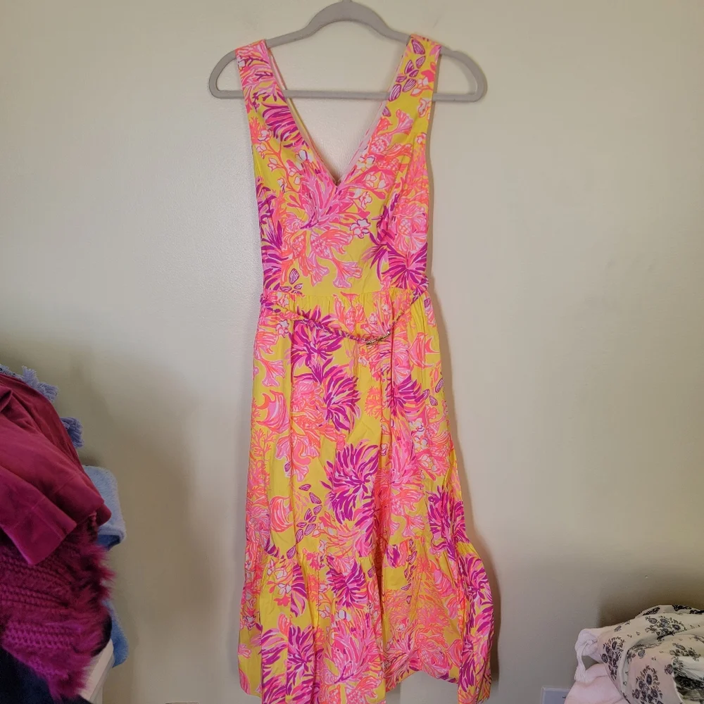 NWT Lilly Pulitzer Bre V Neck Cotton Midi Dress Calla Yellow Floral Coral Size 8 - Picture 4 of 9